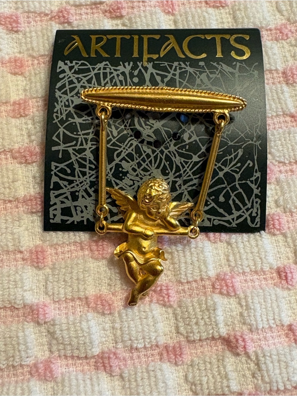 Vintage ARTIFACTS Gold Cherub Swing Brooch Pin